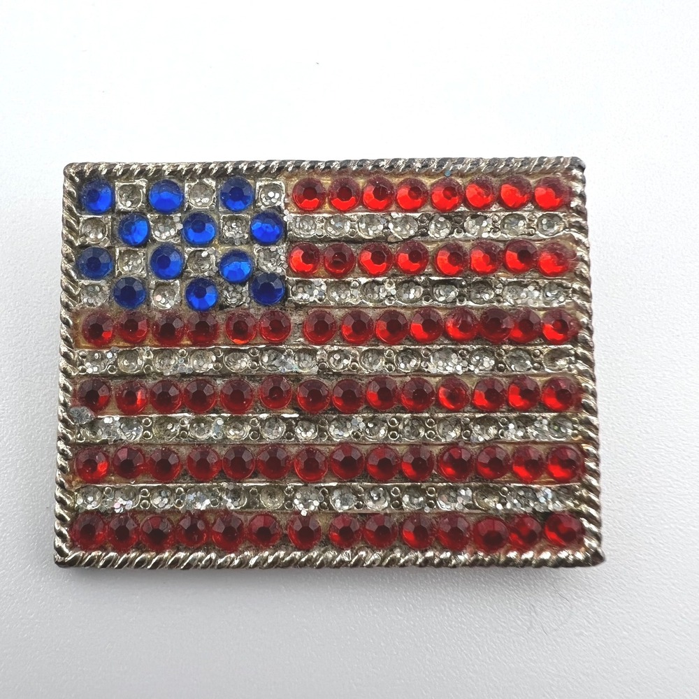 Vintage Phinestone Patriotic Brooch – USA Flag Red‎ White Blue Striped Pin